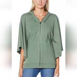 Diane Gilman DG Downtime Zip-Front Knit Hooded Poncho JACKET GREEN SZ M